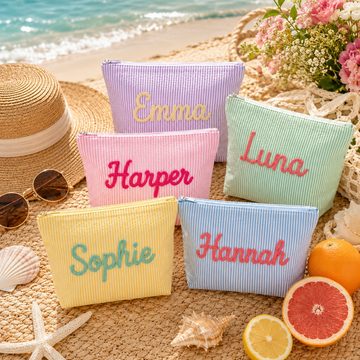 Personalized Seersucker Cosmetic Bag, Custom Name Makeup Pouch, Embroidered Toiletry Bag, Bridesmaid Gift, Travel Organizer for Women